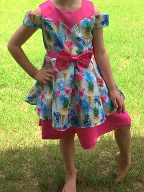 Girls Flamingo Dress Size 7/8 Tropical Cold Shoulder Pink Bow Party Summer Dress